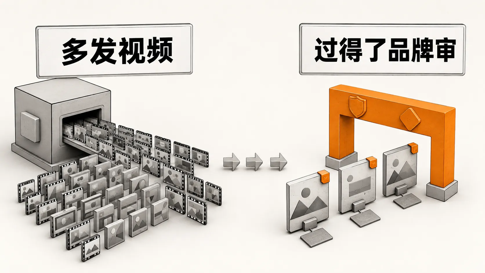 多发视频与过得了品牌审对比：出片量统计生成条数，过审量统计过审条数，显式角标与隐式元数据共同构成标识要求