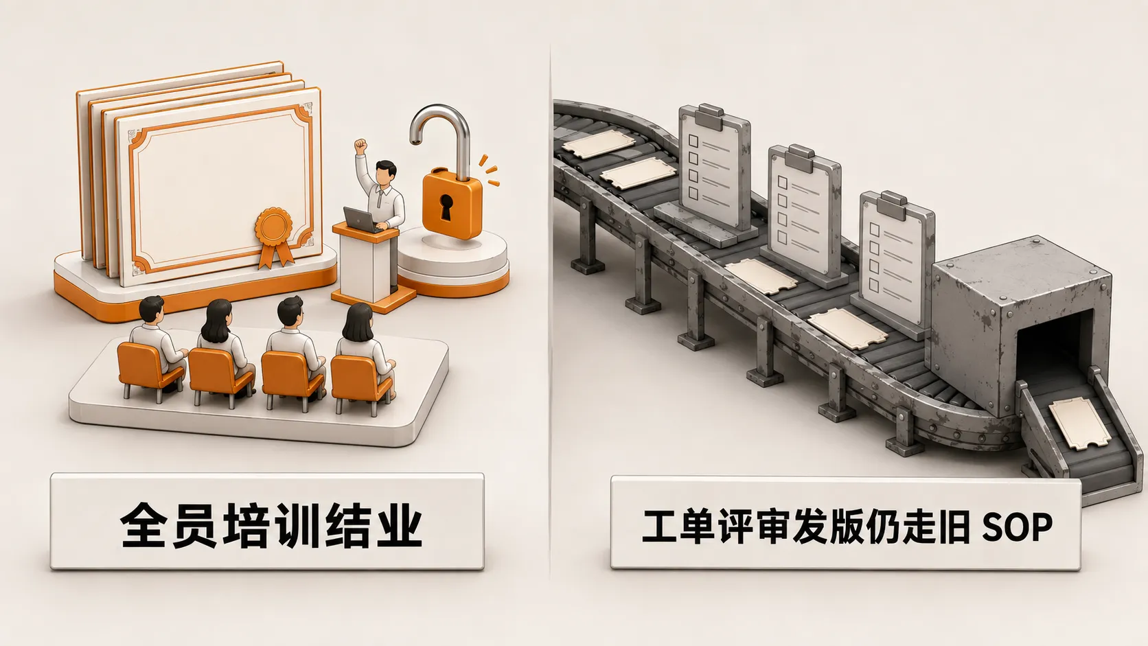 左侧全员培训结业证书与工具入口,右侧工单、评审、发版仍沿旧 SOP 轨道运行