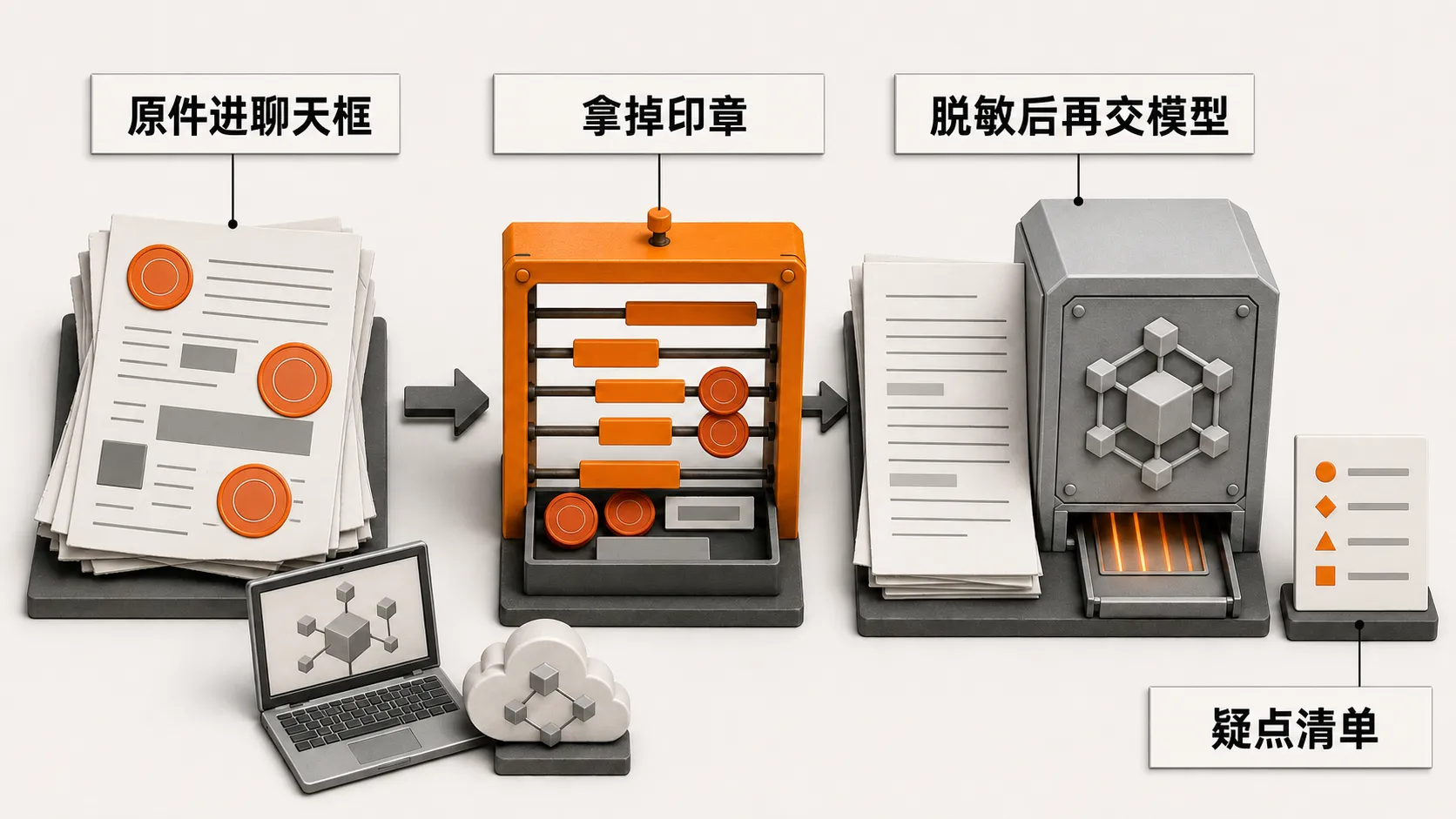 左侧合同原件连同印章进入消费级入口，右侧脱敏后的文件进入模型通道并产出疑点清单