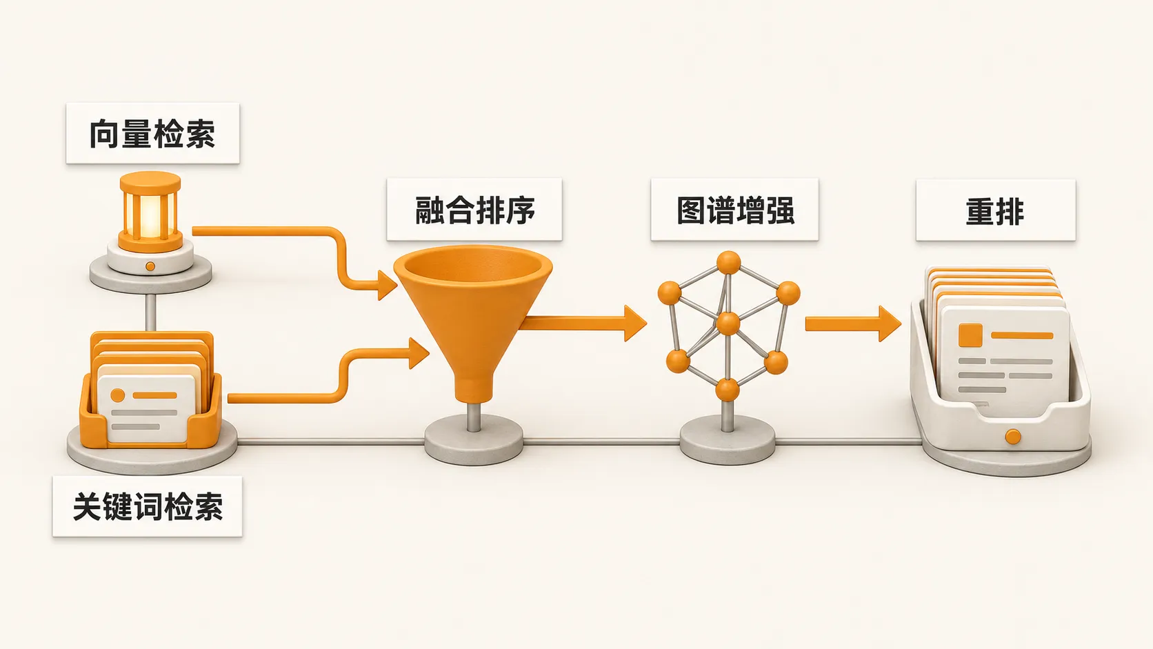 向量检索与关键词检索并行后经 RRF 融合,再叠加知识图谱信号与重排的四段式检索流程